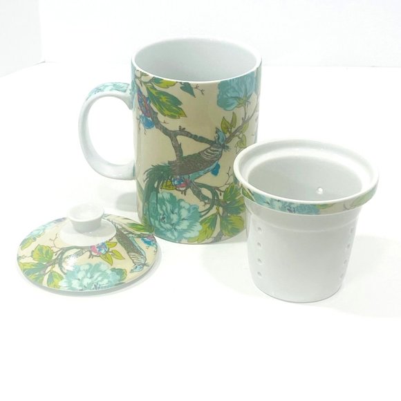 World Market Ceramic Tea Cup Lid & Infuser Basket Asian Peacock Floral 3 Pc - Picture 8 of 11